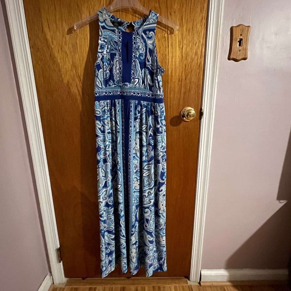 INC blue maxi dress with floral patterns